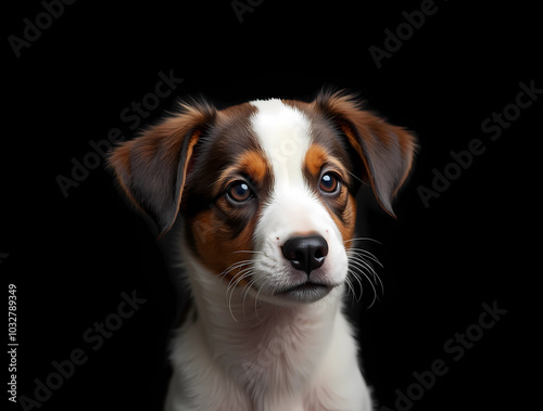 Süßer Border Collie Welpe mit ausdrucksvollen Augen vor schwarzem Hintergrund photo