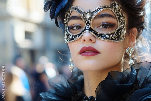 A woman wearing an elaborately designed mask with feather details attends a festive event, exuding a sense of mystery and sophistication among a lively crowd. photo