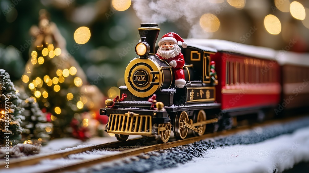 A Christmas-themed train adorned with a jolly Santa Claus merrily chugging along the tracks. A Christmas-themed train adorned with a jolly Santa Claus merrily chugging along the tracks.