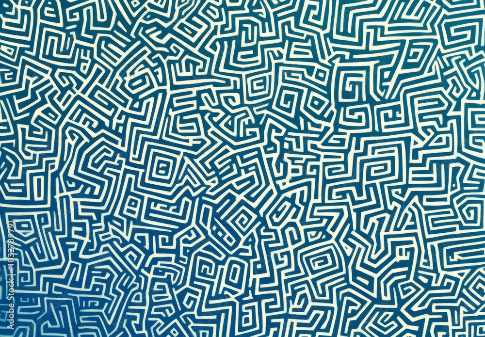 blue and white line drawing featuring a variety of small maze-like shapes