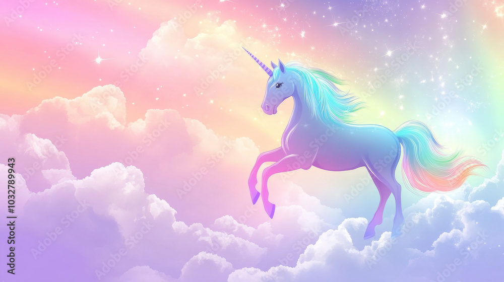 Naklejka premium A majestic unicorn leaps gracefully among vibrant pastel clouds at dawn