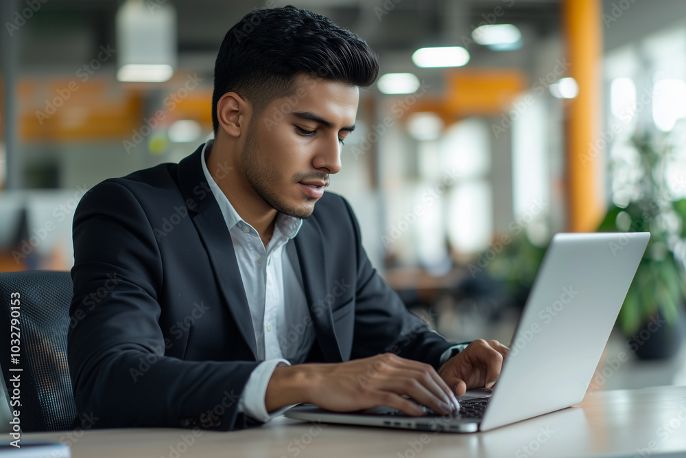 Focused Businessman Working on Laptop at Desk in Modern Office Focused Businessman Working on Laptop at Desk in Modern Office