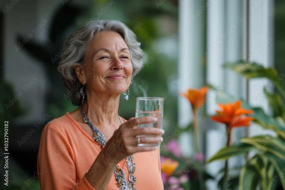 A grey-haired senior lady, dressed in an orange top, holds a drink by the window. Surrounded by indoor plants, she appears to be enjoying a tranquil moment. A grey-haired senior lady, dressed in an orange top, holds a drink by the window. Surrounded by indoor plants, she appears to be enjoying a tranquil moment.