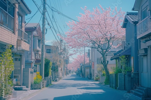 Japanese Street Lined with Cherry Blossom Trees and Houses