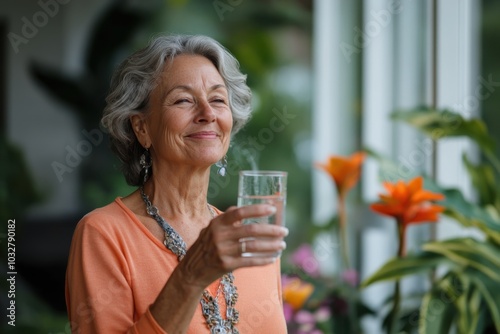 A grey-haired senior lady, dressed in an orange top, holds a drink by the window. Surrounded by indoor plants, she appears to be enjoying a tranquil moment.