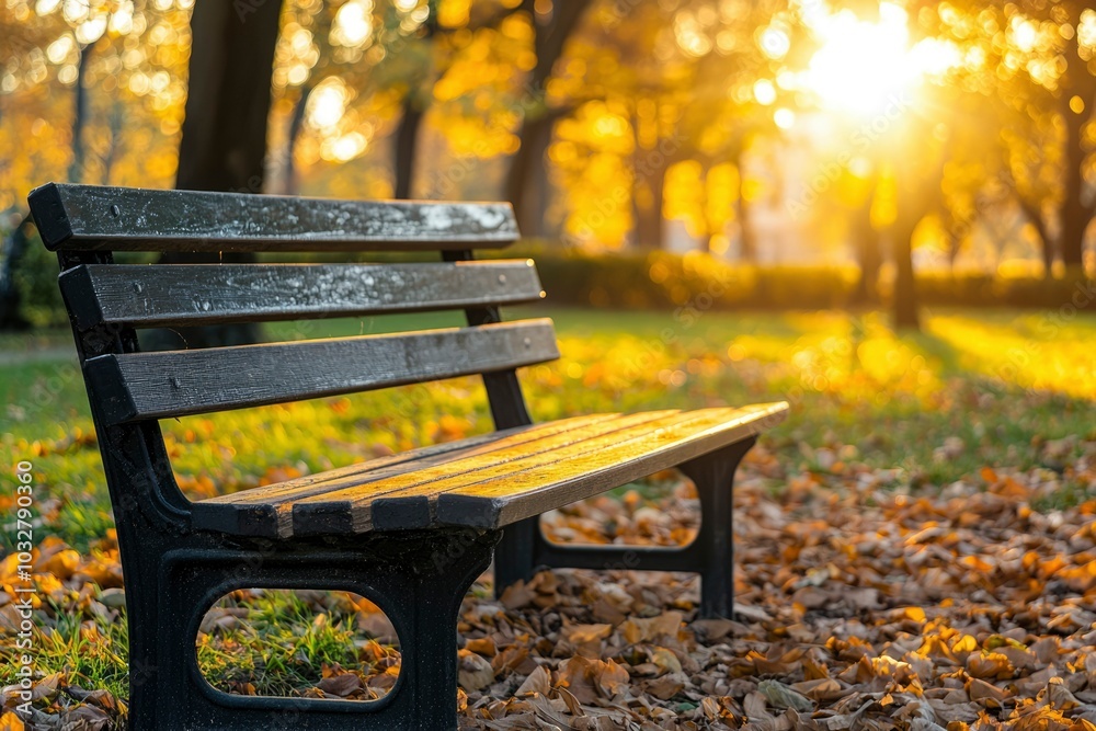 A Black Bench Surrounded by Golden Leaves in a Park A Black Bench Surrounded by Golden Leaves in a Park