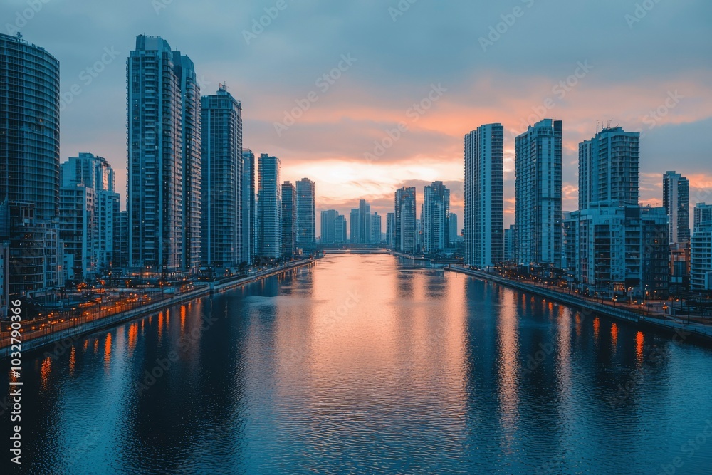 Fototapeta premium Cityscape at Dusk with Reflections in a Calm River