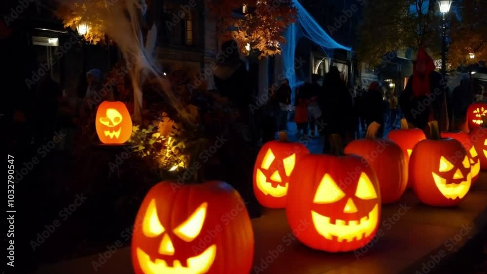 Glowing pumpkin decorations light up the city for Halloween. A festive atmosphere enhances the holiday spirit. Background features selective focus.