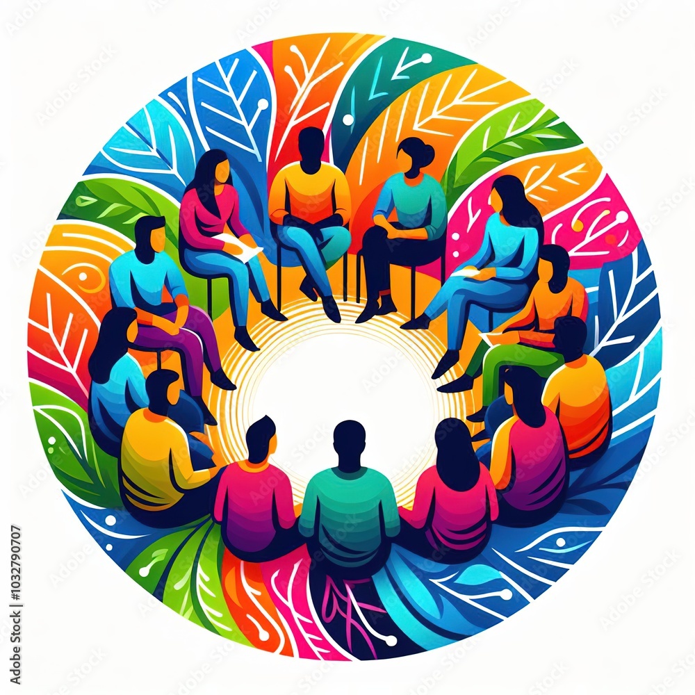 Fototapeta premium A group of people with tablets and laptops sit in a circle during a brainstorming session, solving important questions