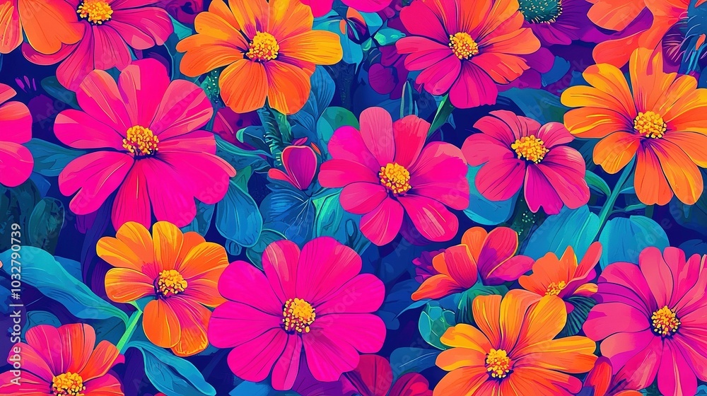   A vibrant bouquet of flowers painted against a blue and pink backdrop