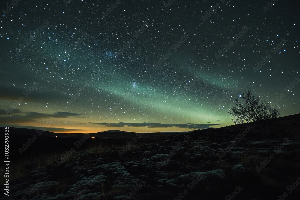 Fototapeta premium Silhouetted Landscape Under a Starry Night Sky with Aurora Borealis