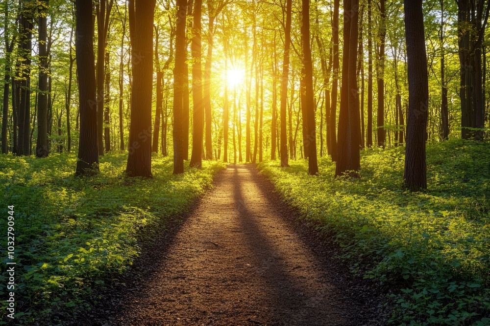 Fototapeta premium Sunlit Forest Path with Green Undergrowth