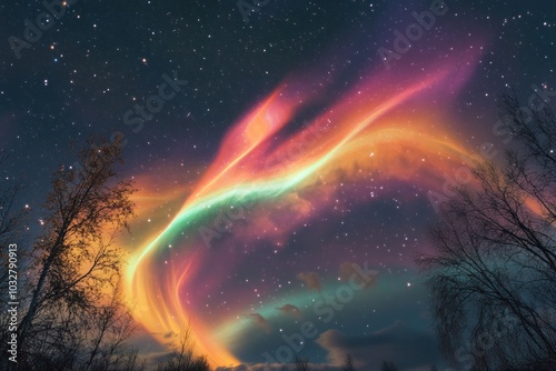 Wallpaper Mural A Colorful Aurora Borealis Display with Silhouetted Trees Underneath a Starry Sky Torontodigital.ca