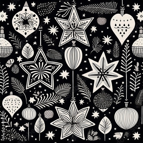 Cozy hygge inspired Christmas folk art pattern in black and white featuring stars and ornaments. Generative AI photo