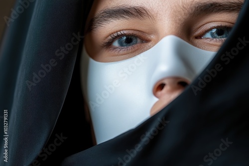 A person wearing a sleek white mask partially covered by dark fabric, capturing an enigmatic and mysterious aura that invites curiosity and speculation. photo