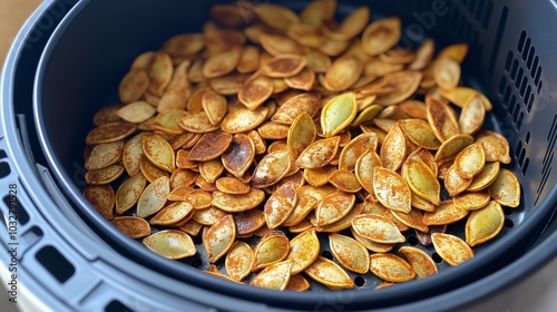 Close-up of roasted pumpkin seeds in an air fryer basket, showcasing their golden brown color and crispy texture