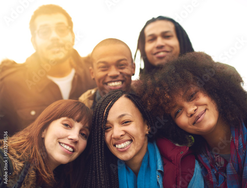 Portrait, people and outdoor with smile for travel, social gathering and relationship development. Friends, happy and support in nature for journey, diversity group or students bonding on study break