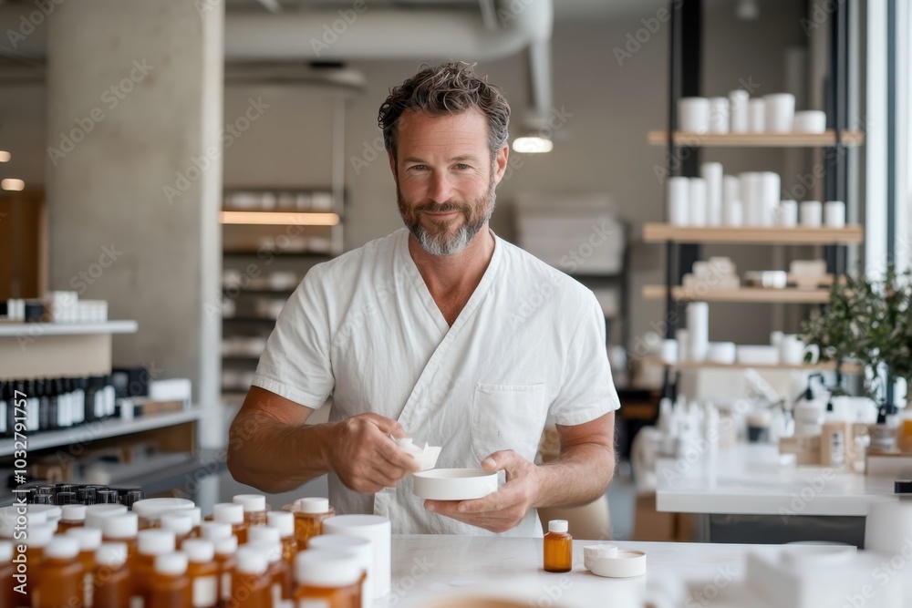 A man in a white coat works in a sleek laboratory setting, preparing skincare products, highlighting scientific dedication and precision in modern formulation techniques. A man in a white coat works in a sleek laboratory setting, preparing skincare products, highlighting scientific dedication and precision in modern formulation techniques.