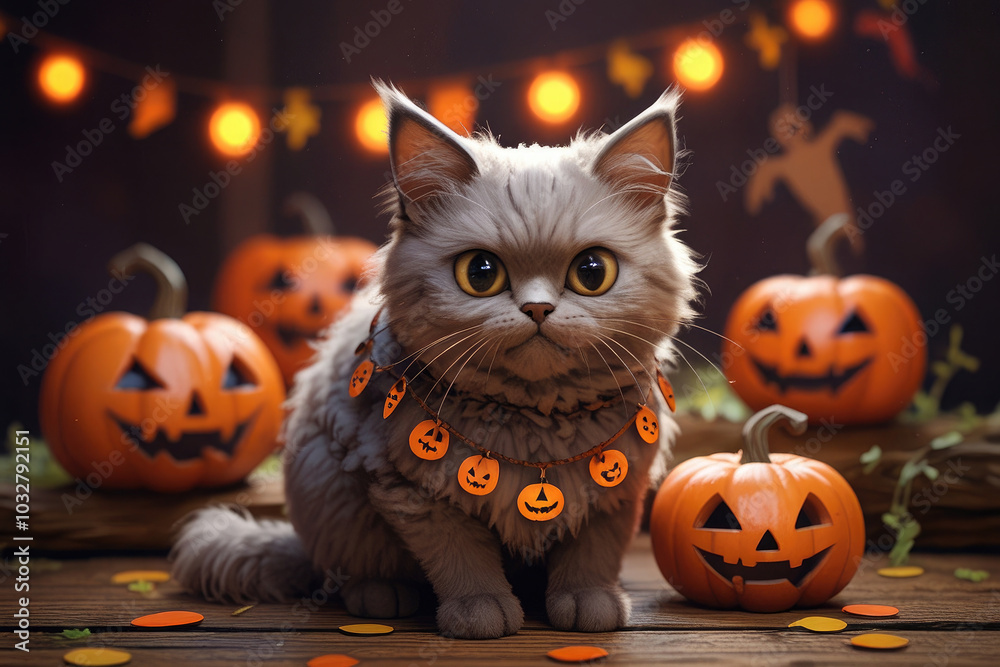 A cat with Halloween decorations, created with Generative AI technology. A cat with Halloween decorations, created with Generative AI technology.
