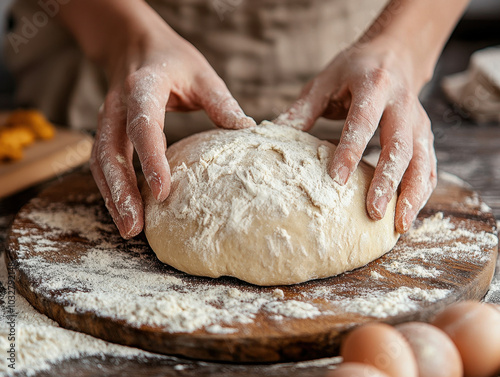 Crafting fresh bread dough in a cozy kitchen with textured surfaces and warm lighting