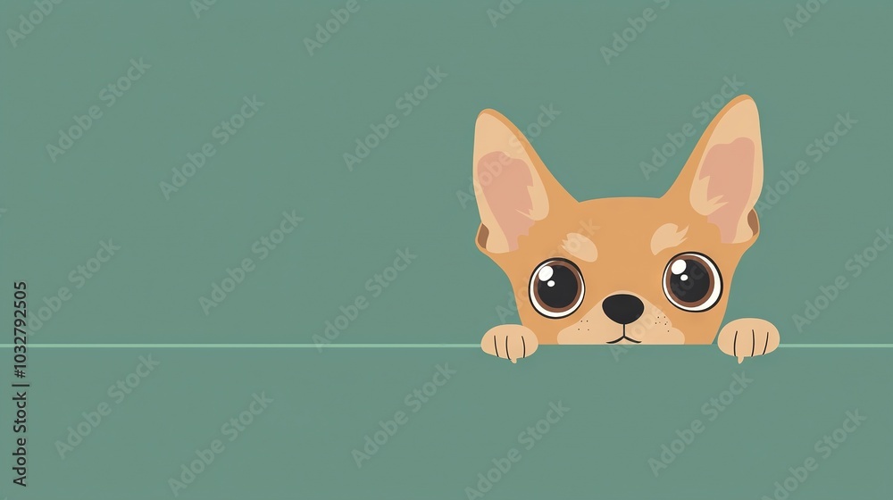Obraz premium A dog, brown with large eyes, peeks from behind the green wall, with a line in front