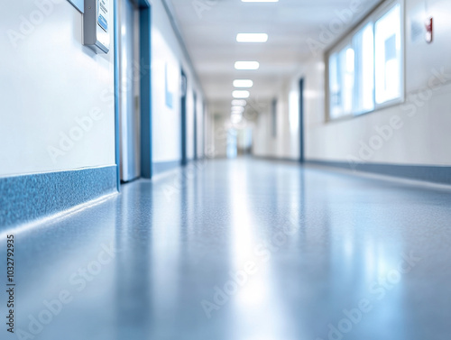 A quiet, sterile hospital corridor illuminated by soft lighting during the early evening hours photo