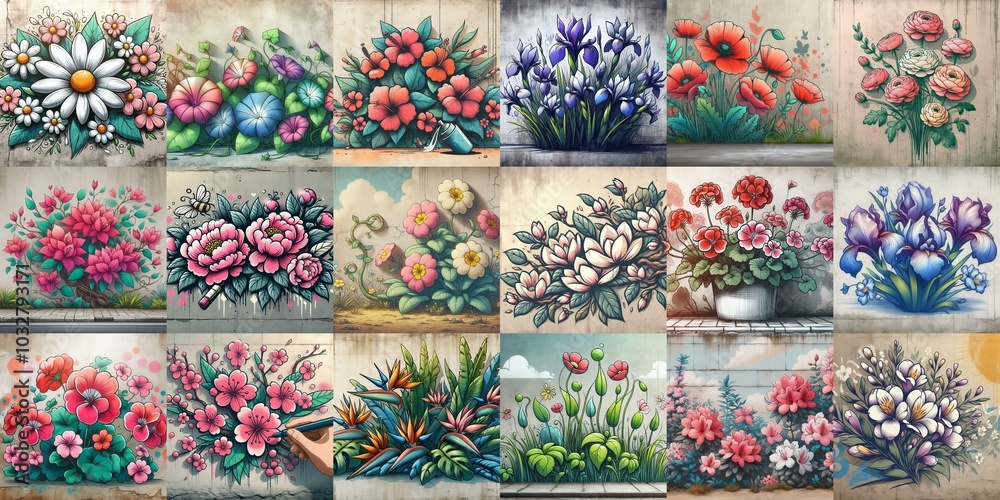 Fototapeta premium Street art Flowers painted on the concrete wall. AI generated illustration