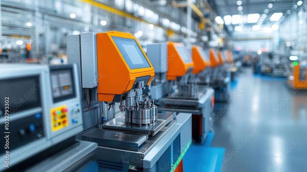 A high-tech factory with automated machines producing precision parts, high-tech factory, automated production process