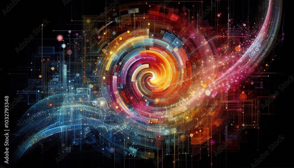 Obraz premium abstract background of multi-colored spiral particles, dots, circles, lines on a black background
