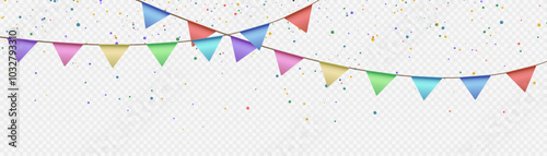 Confetti streamers with flags. Bright festive tinsel with multi-colored flags. Elements of festive design. Vector