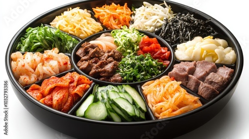 Vibrant Bibimbap Delight from Above showcasing Circular Symmetry and Gentle Curves