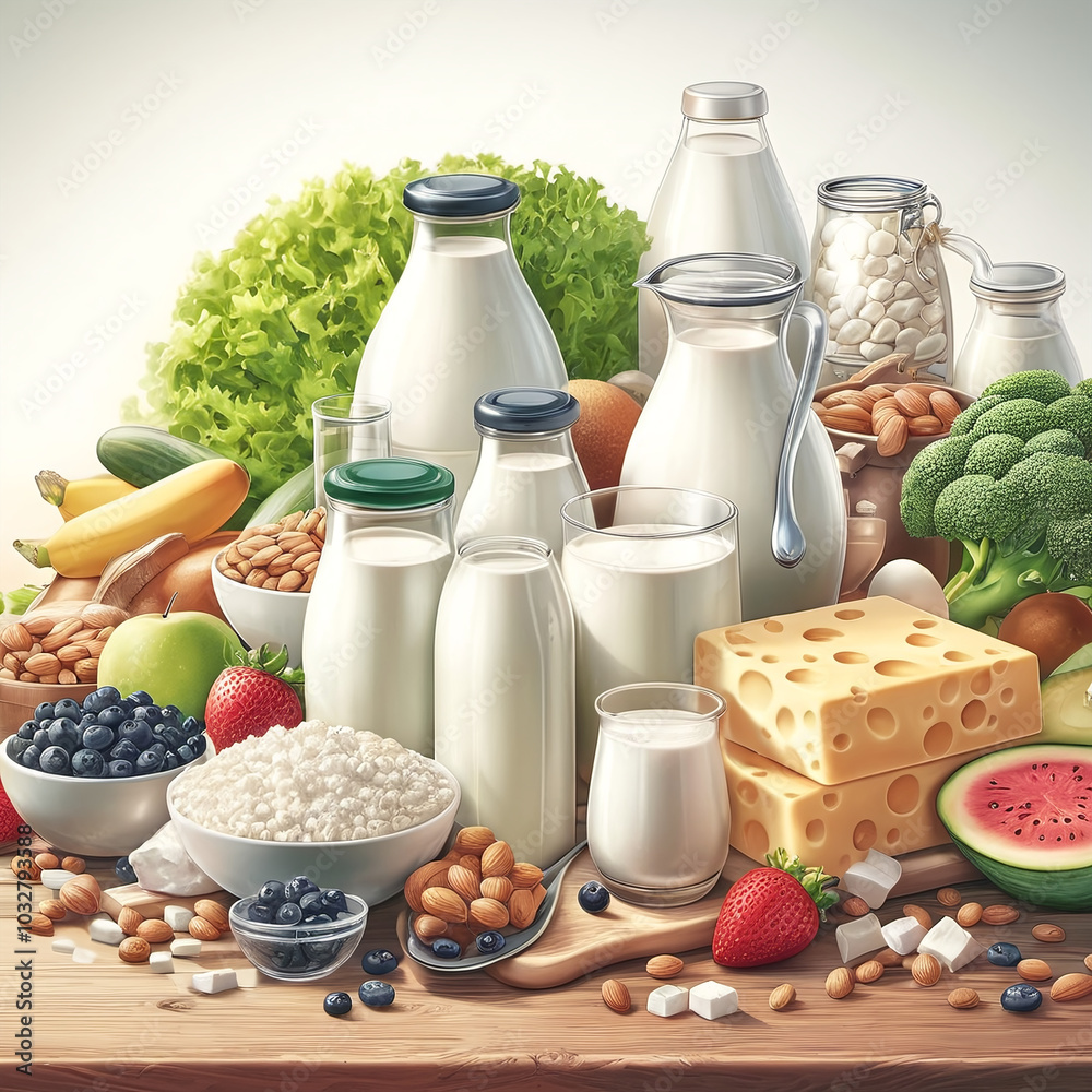 Heap of various dairy products with fruits and vegetables Heap of various dairy products with fruits and vegetables