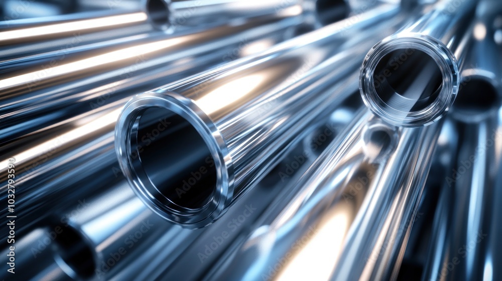 Close-up of shiny metallic pipes arranged in a dynamic, abstract formation. Close-up of shiny metallic pipes arranged in a dynamic, abstract formation.
