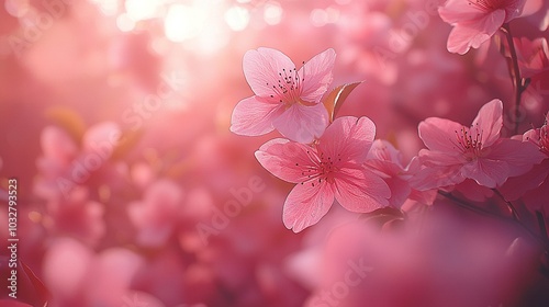   A sunlit close-up of pink blossoms against leafy background