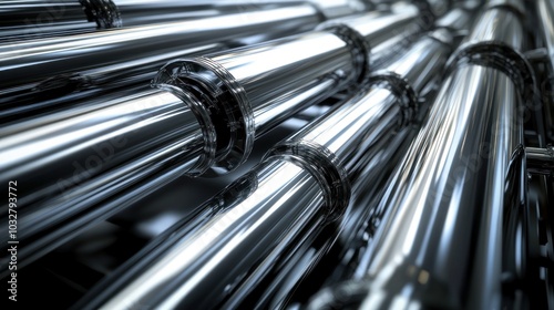 Close-up view of shiny metallic pipes, emphasizing industrial design and functionality.