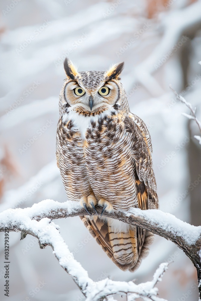 Obraz premium owl on a branch in a snowy forest. Selective focus