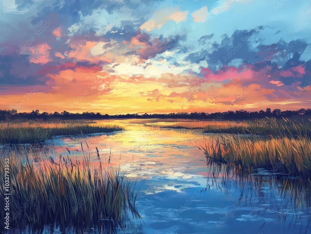 Tranquil marshland with tall reeds, a network small channels, and a reflection a colorful sunset on the water Tranquil marshland with tall reeds, a network small channels, and a reflection a colorful sunset on the water