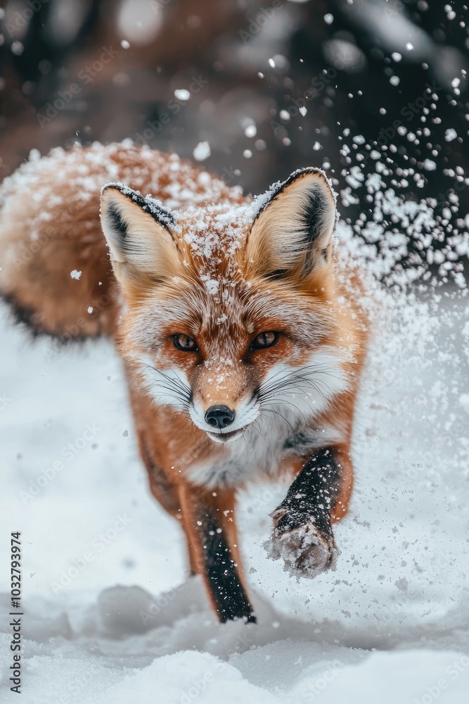 Obraz premium fox in the snowy forest. Selective focus