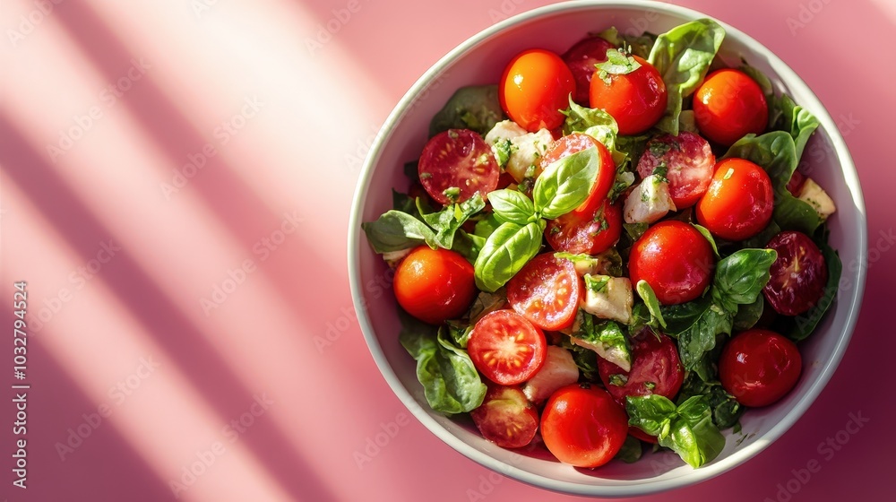 Morning Glow on a Greek Salad - Minimalist Aesthetic with Playful Shadows on Pink Background Morning Glow on a Greek Salad - Minimalist Aesthetic with Playful Shadows on Pink Background