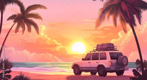 Wallpaper Mural A vibrant cartoon-style illustration of an SUV parked at a beach, featuring luggage on the roof. The scene includes palm trees and a stunning sunset sky with orange and pink hues  Torontodigital.ca