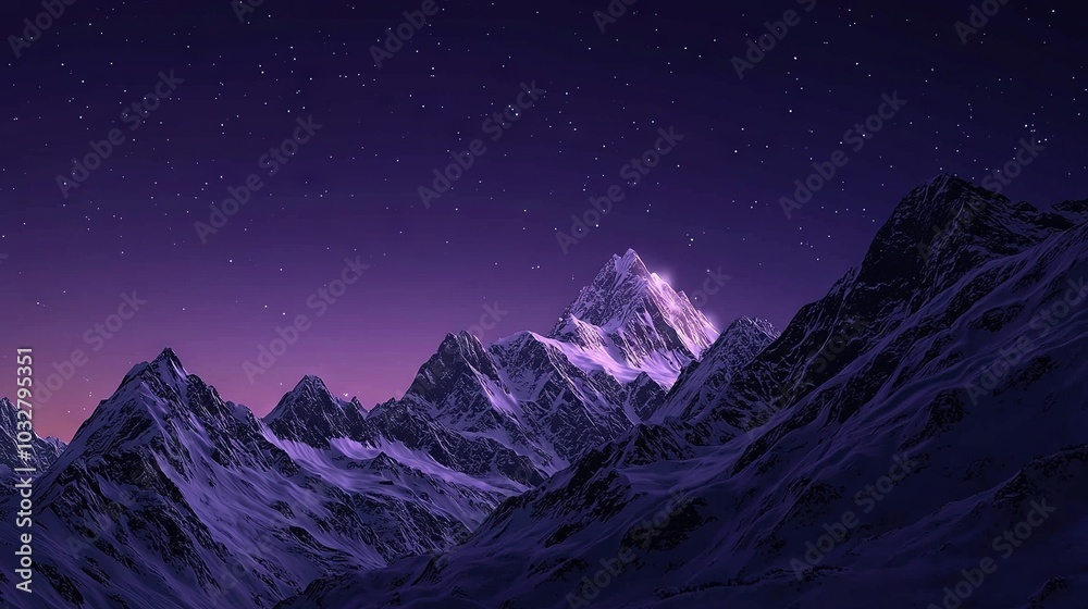 A serene nighttime image of majestic mountains under the silvery glow of the moon and sparkling stars A serene nighttime image of majestic mountains under the silvery glow of the moon and sparkling stars