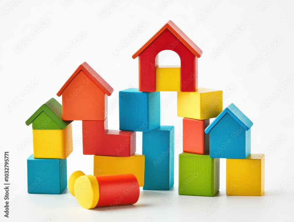Colorful wooden building blocks arranged creatively in a playful architectural display for children Colorful wooden building blocks arranged creatively in a playful architectural display for children