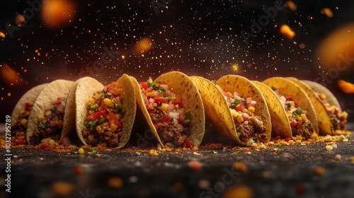 Vibrant Taco Fiesta in Mid-Air with Sparkle Reflections on Gradient Background.