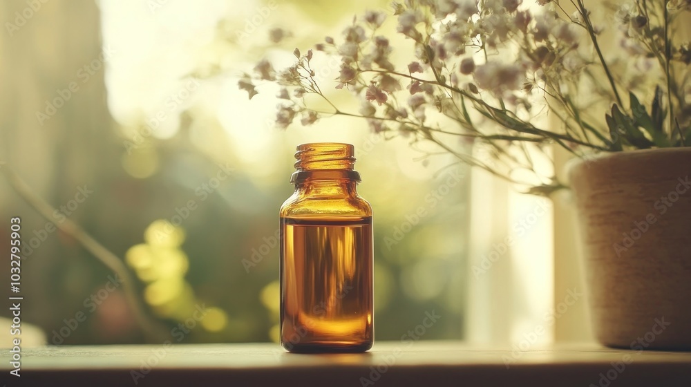 A small amber glass bottle filled with liquid, set against a backdrop of flowers. A small amber glass bottle filled with liquid, set against a backdrop of flowers.