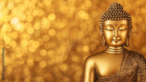 A golden Buddha statue against a shimmering, golden background, symbolizing tranquility and spiritual enlightenment.