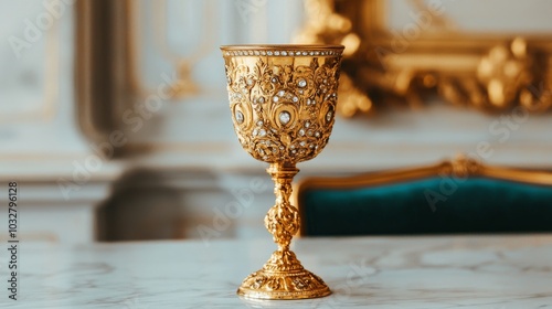 A beautifully ornate golden goblet with intricate designs, elegantly placed on a marble surface, showcasing luxury and artistry. photo