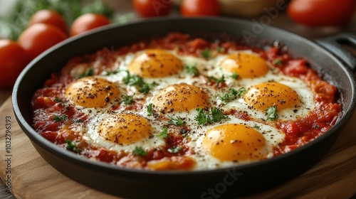 Cozy Shakshuka Recipe Card with Soft Glow - High-Quality Stock Photo of an Empty White Sign Paper for Food Photography