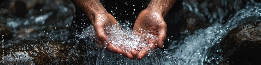 Fototapeta premium hands collect water in a waterfall. Selective focus