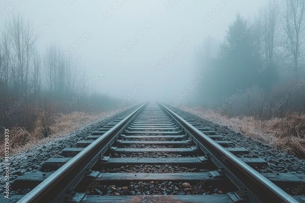 Fototapeta premium Train Tracks Disappearing Into Foggy Forest
