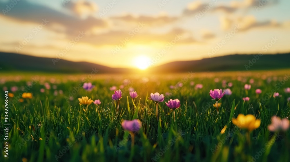 Blooming flowers in a meadow, with the sun perfectly aligned over the horizon, symbolizing balance and renewal during the Spring Equinox, soft sunlight filtering through the scene Blooming flowers in a meadow, with the sun perfectly aligned over the horizon, symbolizing balance and renewal during the Spring Equinox, soft sunlight filtering through the scene